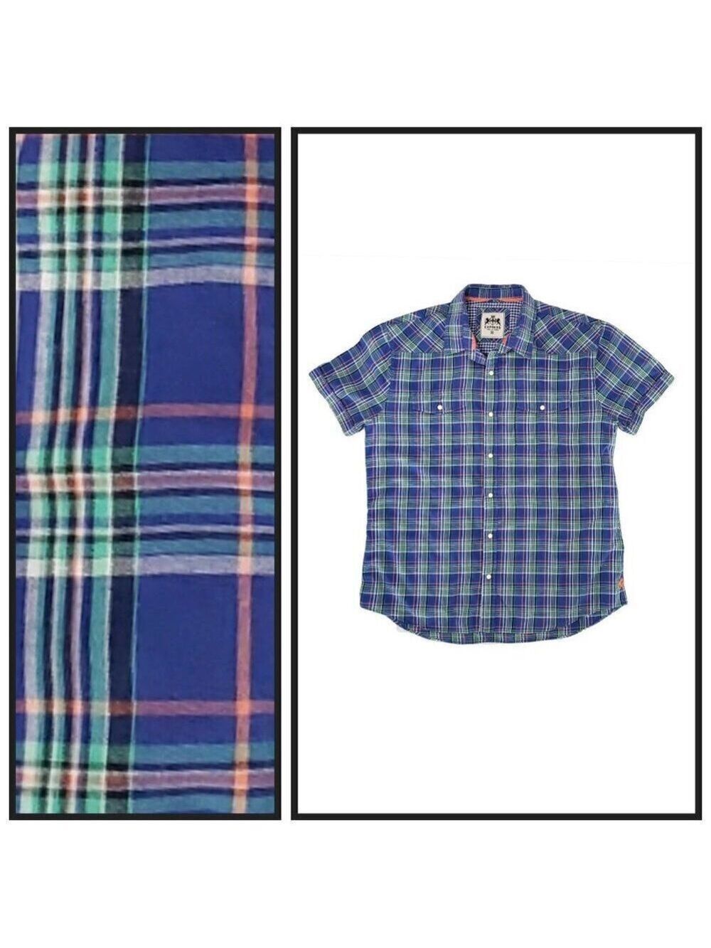 Express Men’s L Blue Plaid Snap Button Short Sleeve Shirt